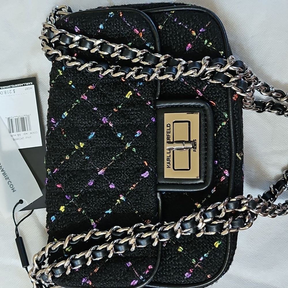 Karl Lagerfeld Black Quilted Tweed Shoulder Bag with Colorful Accents.